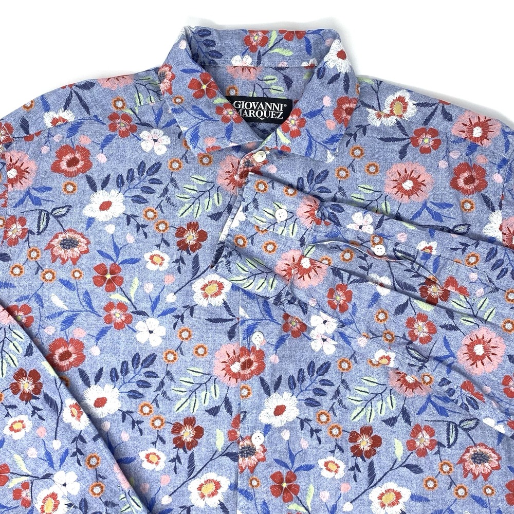 Giovanni Marquez‎ Blue Floral Long Sleeve Button Up Men's Shirt Size XL